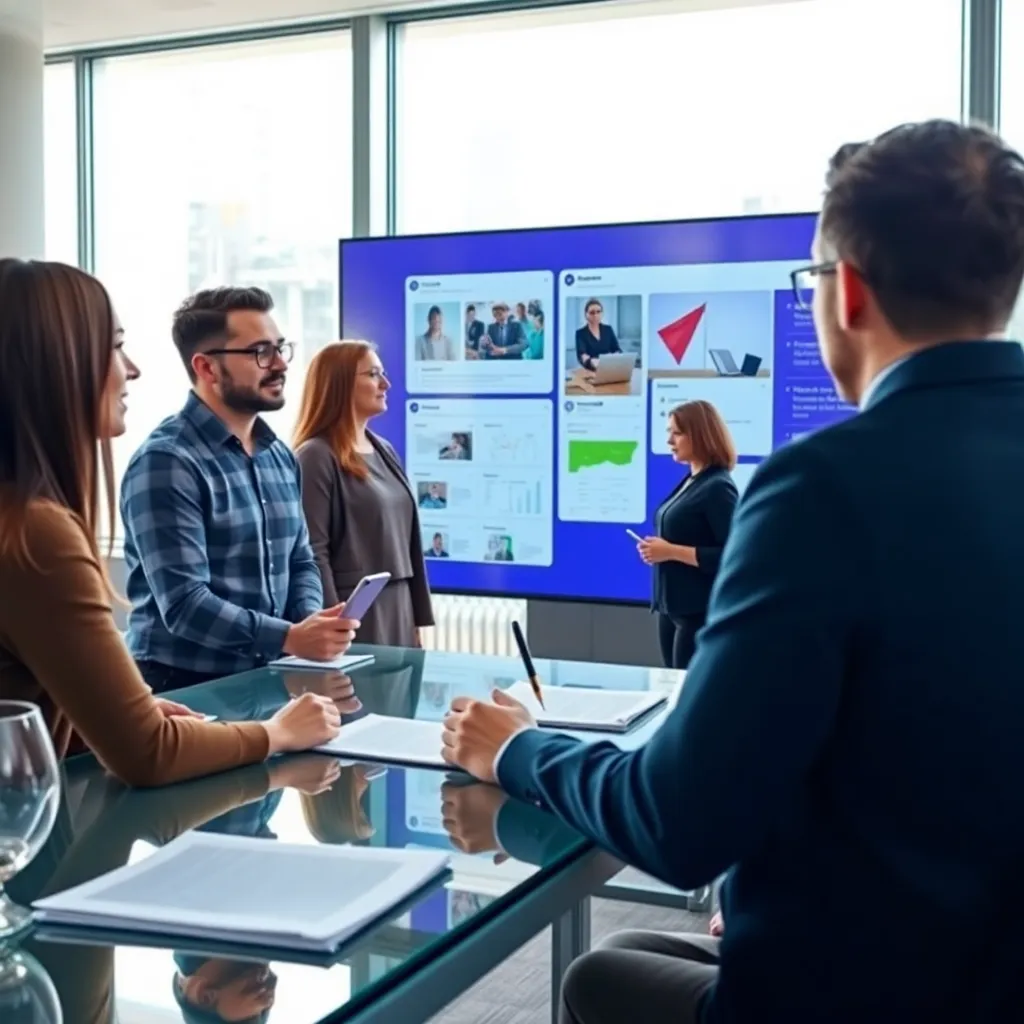 Diverse zakelijke professionals in een vergaderruimte die samenwerken aan een presentatie