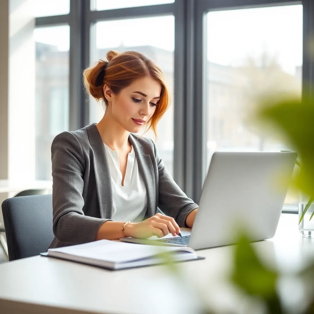 Professionele zakenvrouw die een zakelijke e-mail schrijft op haar laptop