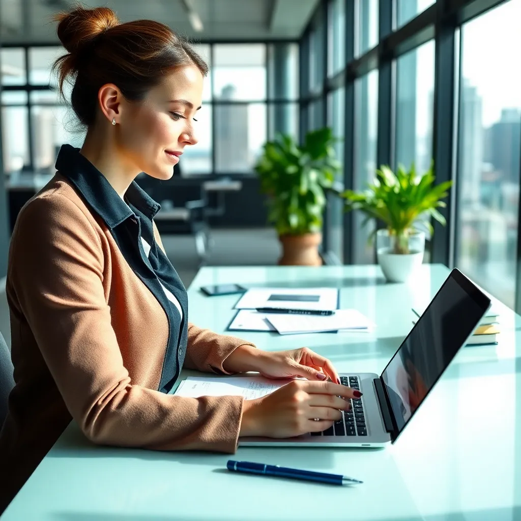 Zakenvrouw die digitale communicatietools gebruikt op haar werkplek