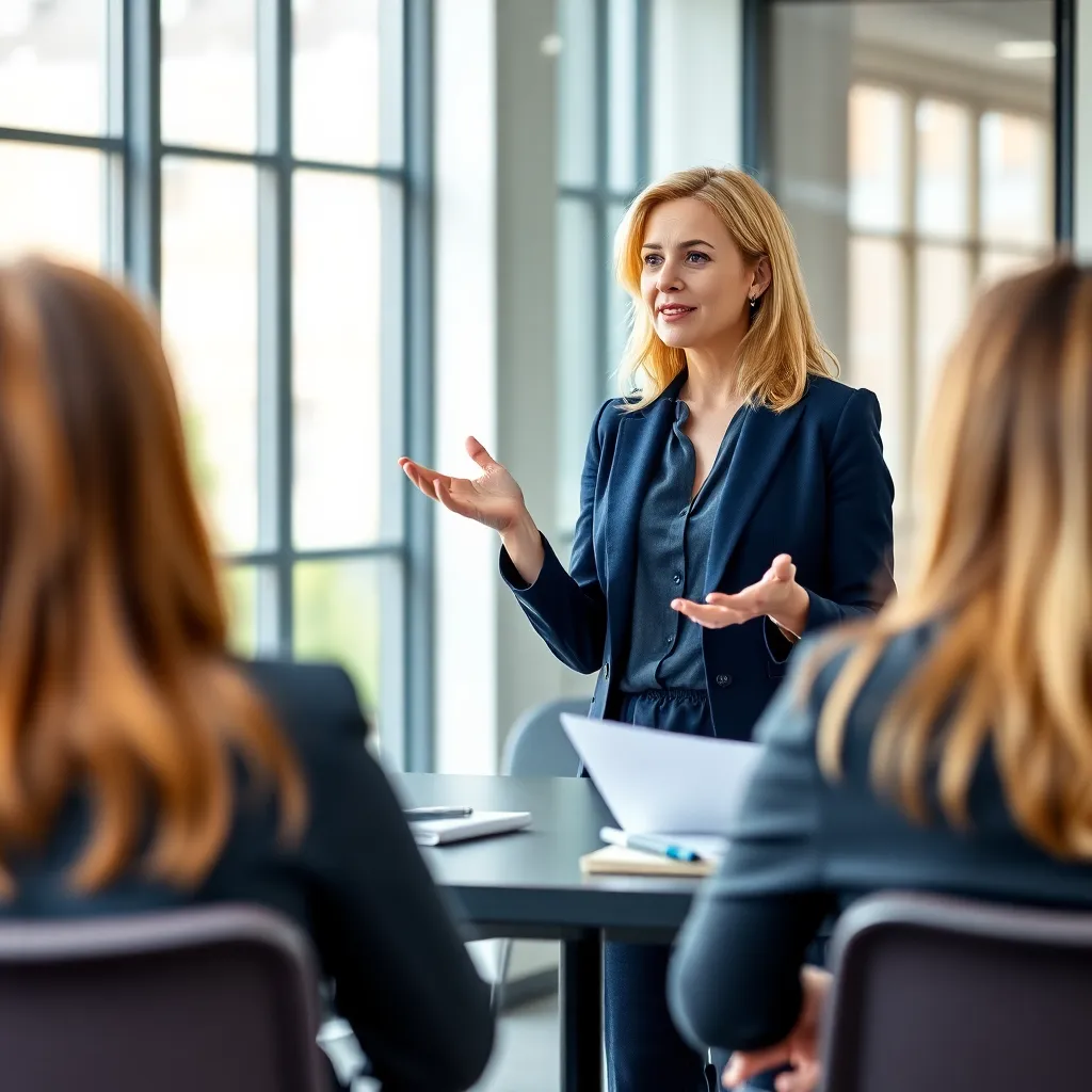 Nederlandse zakenvrouw geeft presentatie aan collega's in moderne vergaderruimte