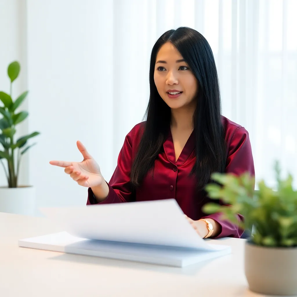 Zakenvrouw die tussen Nederlandse en Engelse documenten schakelt op een modern kantoor